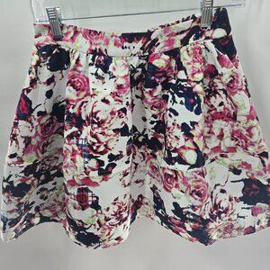 Express White Colorful Abstract Floral Lined Bubble Mini Skirt Size 4